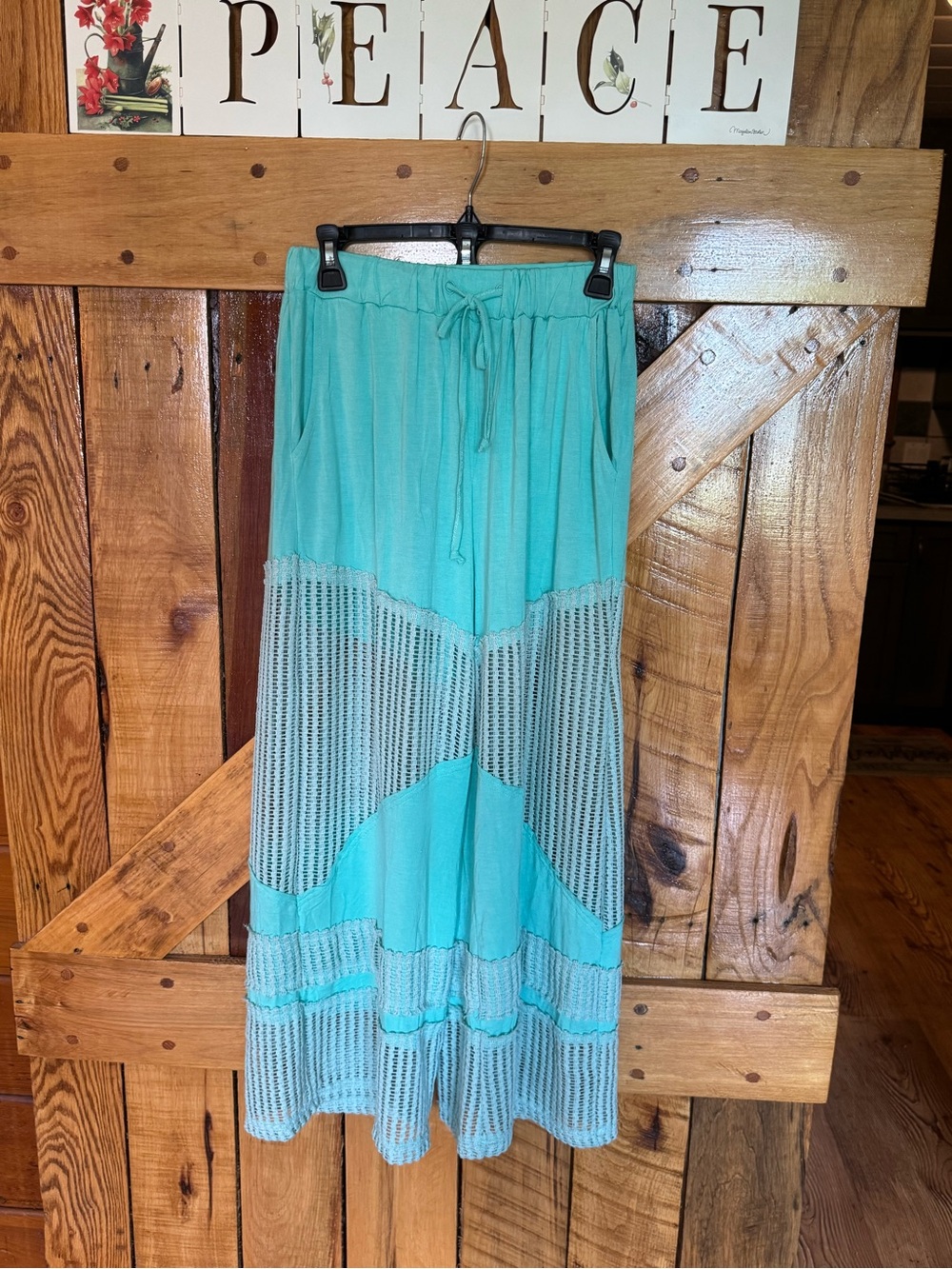 LPOL NWOT Aqua Boho Crochet Tiered Wide-Leg Pants with Pockets